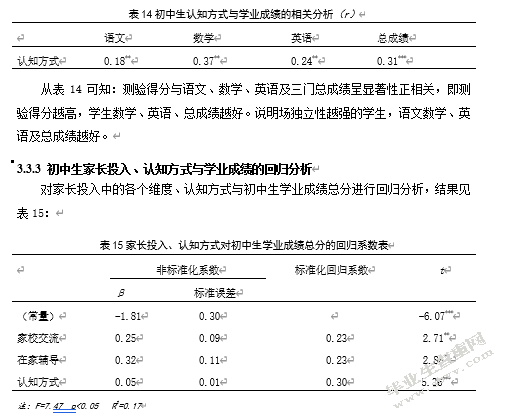 家长投入与认知方式对初中生学业成绩的影响
